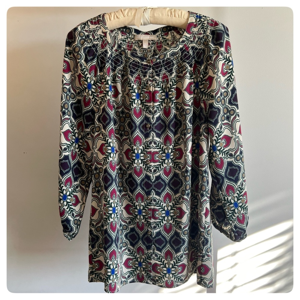 BANANA REPUBLIC medallion print front button-up top in jewel tones